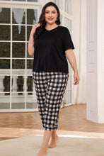 Load image into Gallery viewer, V-Neck Tee and Plaid Cropped Pants Lounge Set
