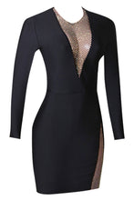 Load image into Gallery viewer, Rhinestone Spliced Mesh Long Sleeve Bodycon Dress
