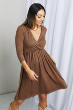 Load image into Gallery viewer, Zenana Three-Quarter Sleeve Surplice Dress with Pockets in Mocha
